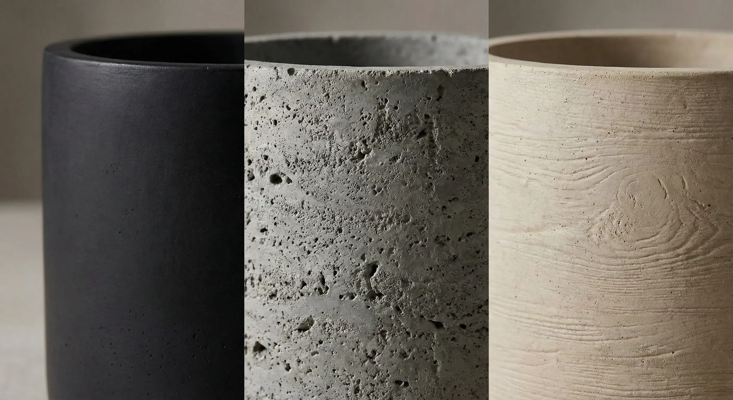 Detailed Textures of Custom Large Concrete Planters showing Matte Black and Natural Stone Finishes